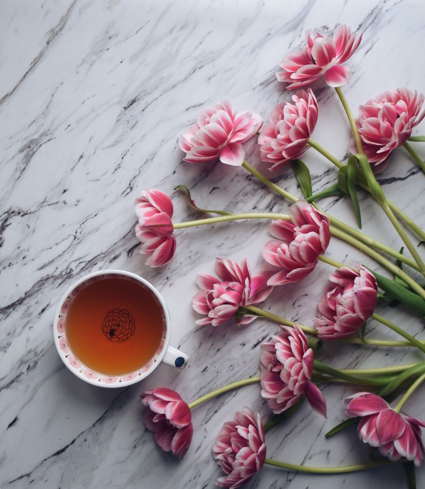 Flowers and Tea on Marble countertop